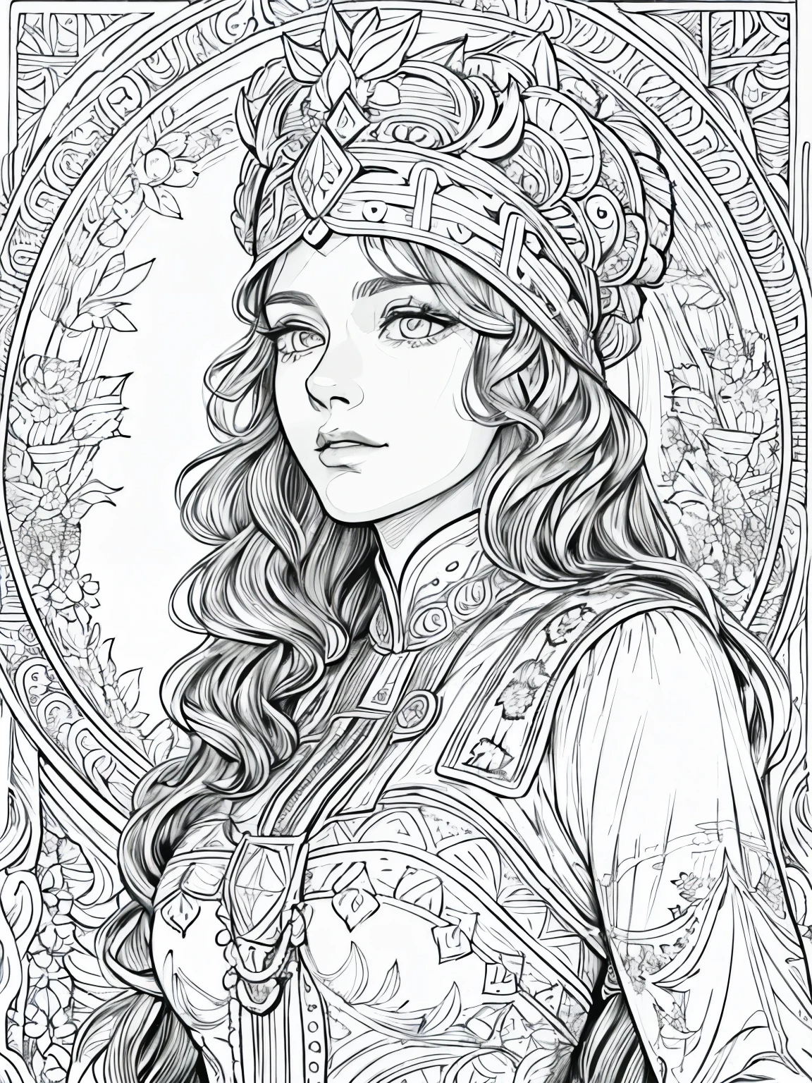 (Black and white coloring book:1.5), line drawings, masterpiece, best quality, ultra-detailed, high resolution, Very detailed face, (Eyes clear and distinct lines), Hair is white color, cowboy shot, A woman in a luxuriously embroidered court dress of the Renaissance period, The background is a magnificent palace, Hyper detailed crisp black line draw, ((simple white color)), Fibonacci