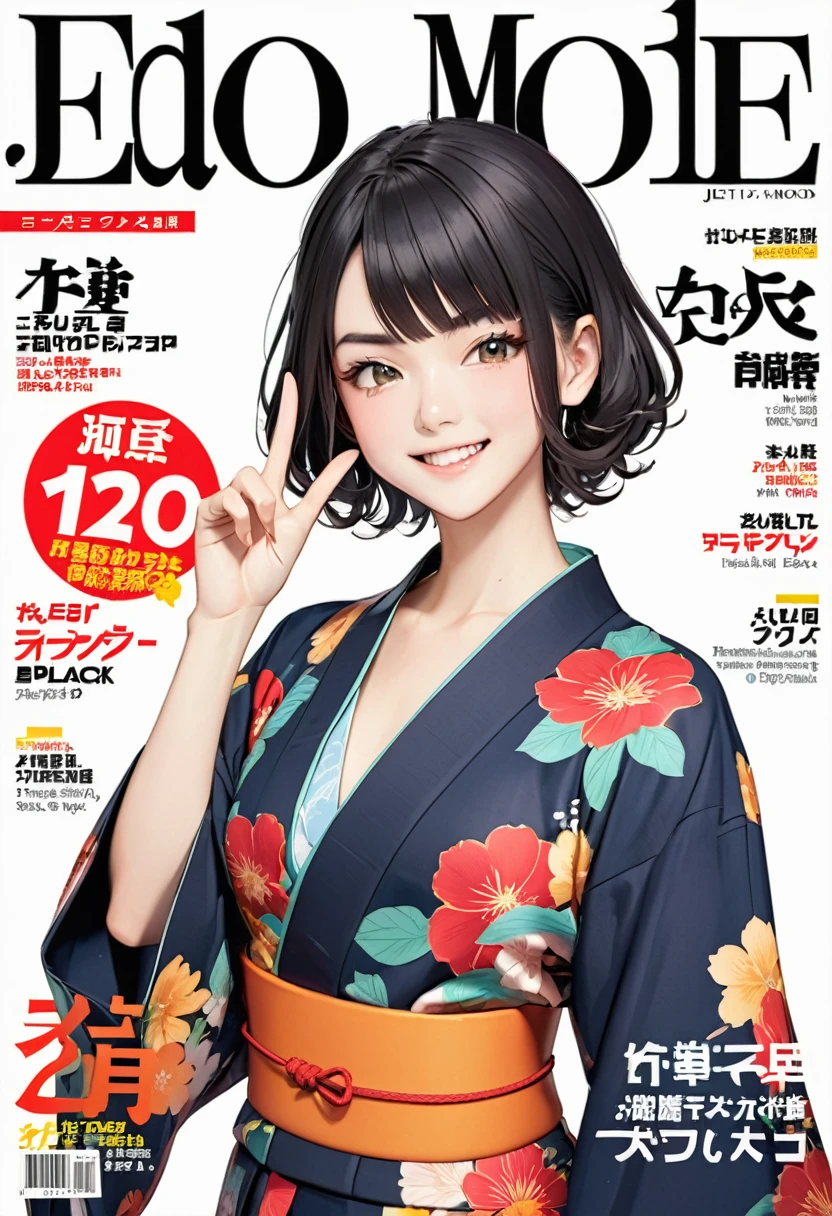 (fashion magazine cover:1.3),(magazine title of "edo mode"),(masterpiece, best quality:1.1),A gravure photo of a girl from the Edo period, v-sign posing,unique pattern yukata,open yukata,model posing,summer,whole body,BREAK.(16yo,detailed face,(jet-black wavy-short hair),parallel eyebrows),shiny hair,happy,