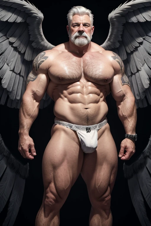 Hyperrealistic image of a gray-haired Norwegian superhero burlesque dancer with two huge symmetrical macaw wings very old and very sweaty bodybuilder over 80 years old very muscular and fat weighing over 200 kilos with a bare torso large and flaccid pectorals brown nipples and big mustaches grays with huge tattooed arms dressed in white lace lingerie in a burlesque stage 