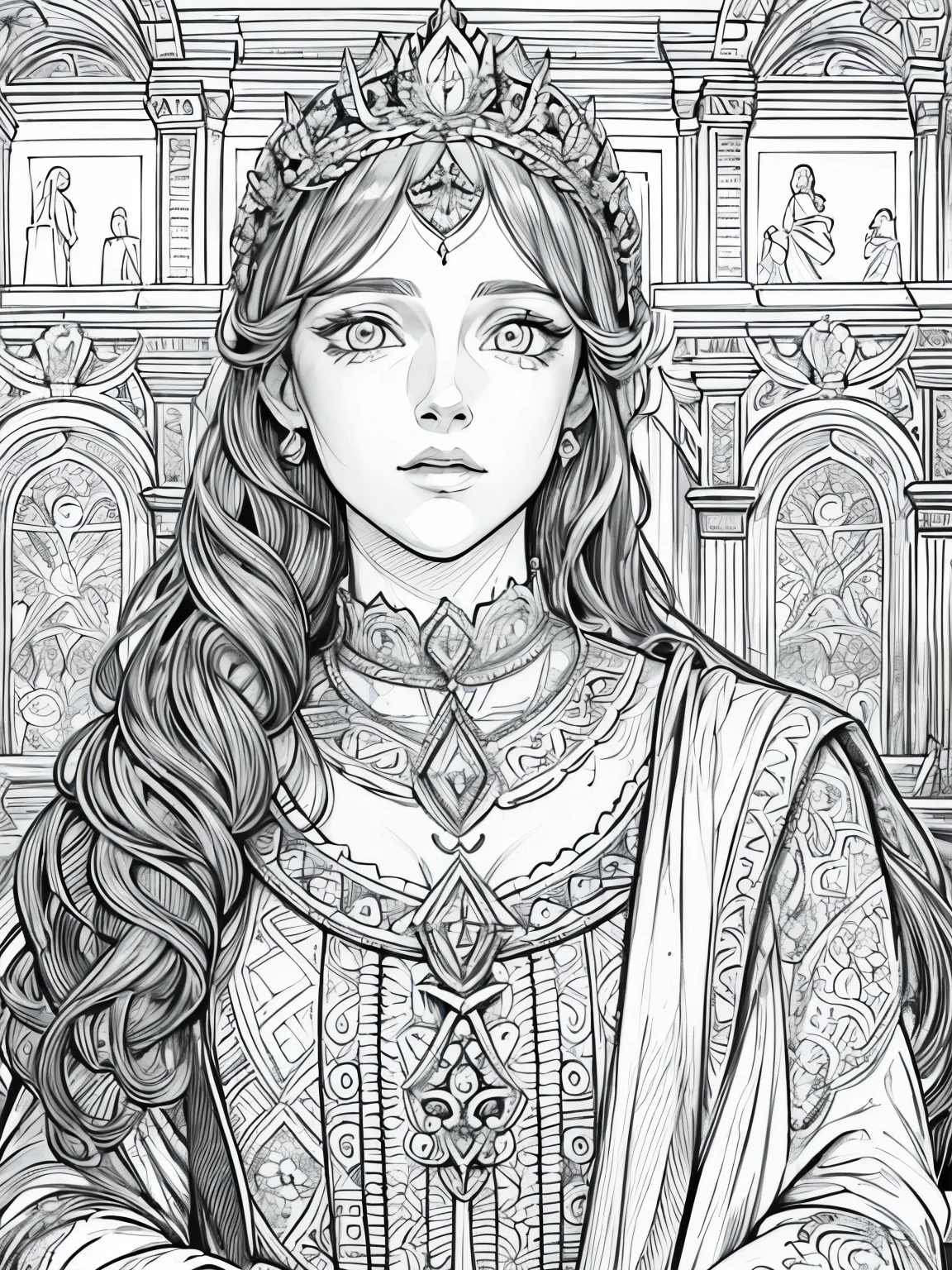 (Black and white coloring book:1.5), line drawings, masterpiece, best quality, ultra-detailed, high resolution, Very detailed face, (Eyes clear and distinct lines), Hair is white color, Full body shot, A woman in a luxuriously embroidered court dress of the Renaissance period, The background is a magnificent palace, Hyper detailed crisp black line draw, ((simple white color)), Fibonacci