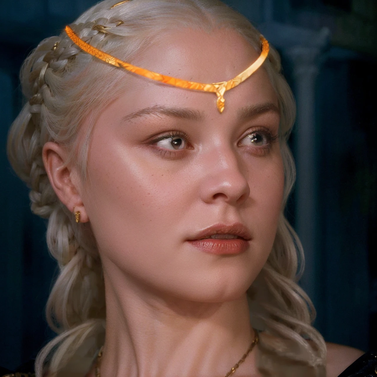 Beautiful albino woman with detailed braided medieval hairstyle (updo) (white hair), wearing detailed medieval gown (red and black colours), with gold accessories and gold tiara, medieval queen, medieval woman,queen,game of thrones style,daenerys targaryen style, high quality, very detailed,hd quality, masterpiece 