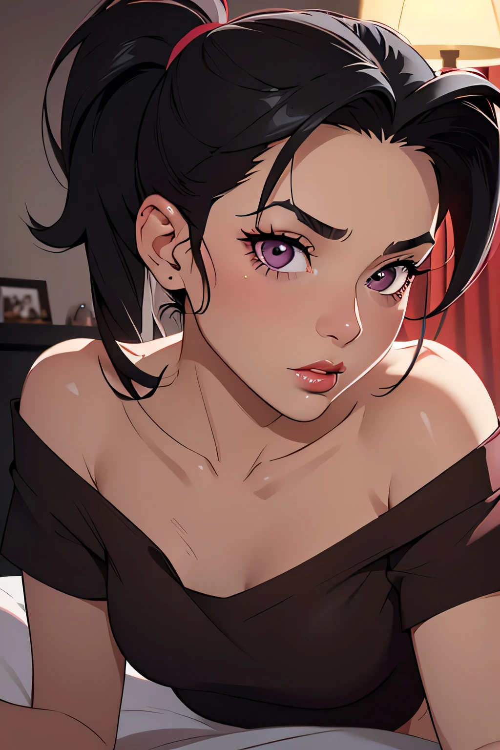 Amazing portait of a cute and sexy woman who is obsessed with you and the obsession is clearly visible in her intense eyes emphasised by the heavy eyeliner and the wicked smile on her face with her intense red lips her hair was tied in a braid but it has become a bit messy she wears a black and purple loose oversized t shirt that showcases her bare shoulder and her cleavage
