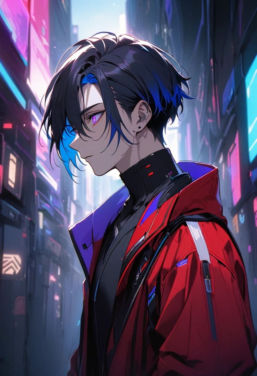 handsome, alone, 1 male, short hair, black hair, Blue highlights on the ends of the hair, purple eyes, black shirt, red coat, of the future, cyberpunk