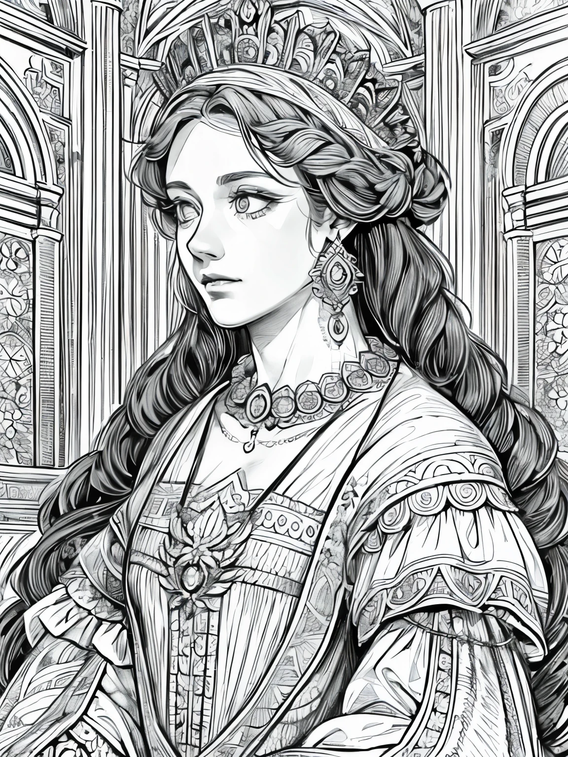(Black and white coloring book:1.5), line drawings, masterpiece, best quality, ultra-detailed, high resolution, Very detailed face, (Eyes clear and distinct lines), Hair is white color, Full body shot, A woman in a luxuriously embroidered court dress of the Renaissance period, The background is a magnificent palace, Hyper detailed crisp black line draw, ((simple white color)), Fibonacci