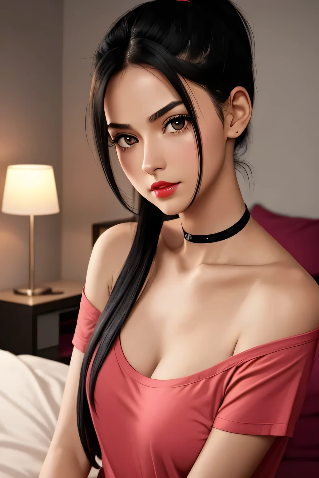 Amazing portrait of a sexy and young woman with a beautiful face and her black hair neatly pulled into a bun with a long forehead and small seductive eyes and a medium nose and her red lips in a smile and a deep pink blush and fair skin and wearing a bluish-green t shirt and black miniskirt while leaning on a desk towards the viewer