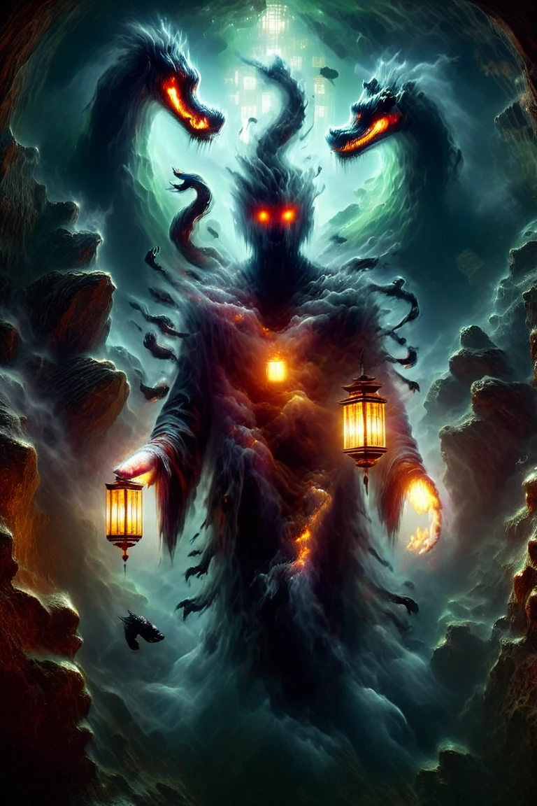 ancient China, Temple, (Mysterious black mist), journey to the west, judge, elder, Glazed tiles, Buddhist statue, Lantern, Absurd, Realistic lighting, (abyss) masterpiece, high quality, Beautiful graphics, Attention to detail, seabed, Water Prison, male, Snake Spirit  