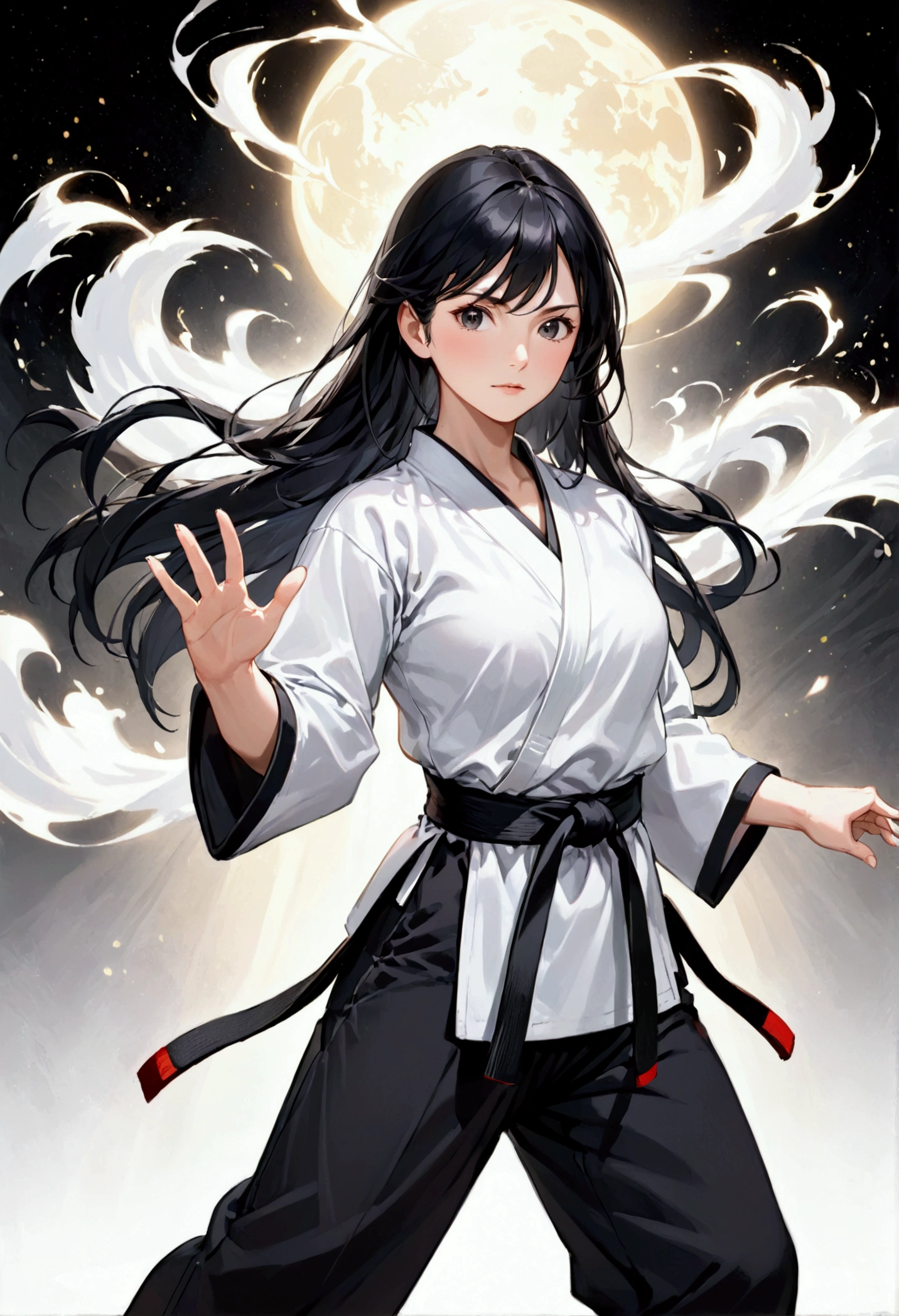 Mature Girl with long black hair with silver highlight, dark onyx eyes,tall rectangular body figure,karate gi