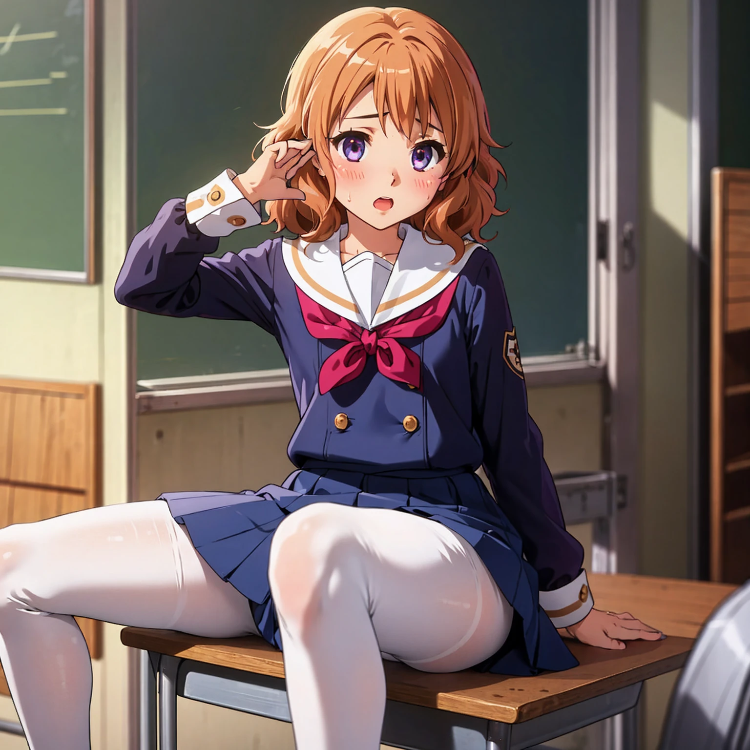 Highest quality,Highest quality,One Girl,Flat Chest,orgasm,blush, Sweat, Sakurai Momoka, dress ,whole body,classroom, White Pantyhose、Flipping up a navy blue skirt、Spread your legs、Knee Up