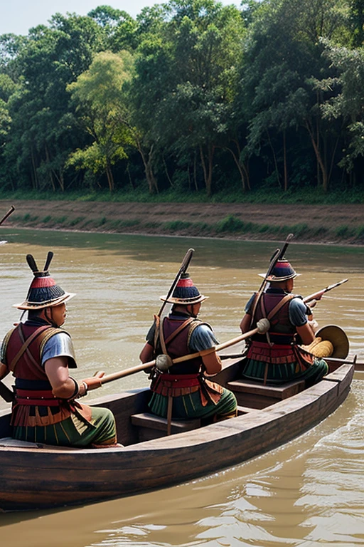 Visual: (Reenactment of Ahom warriors preparing defenses along the river banks, setting up cannons and war boats.)