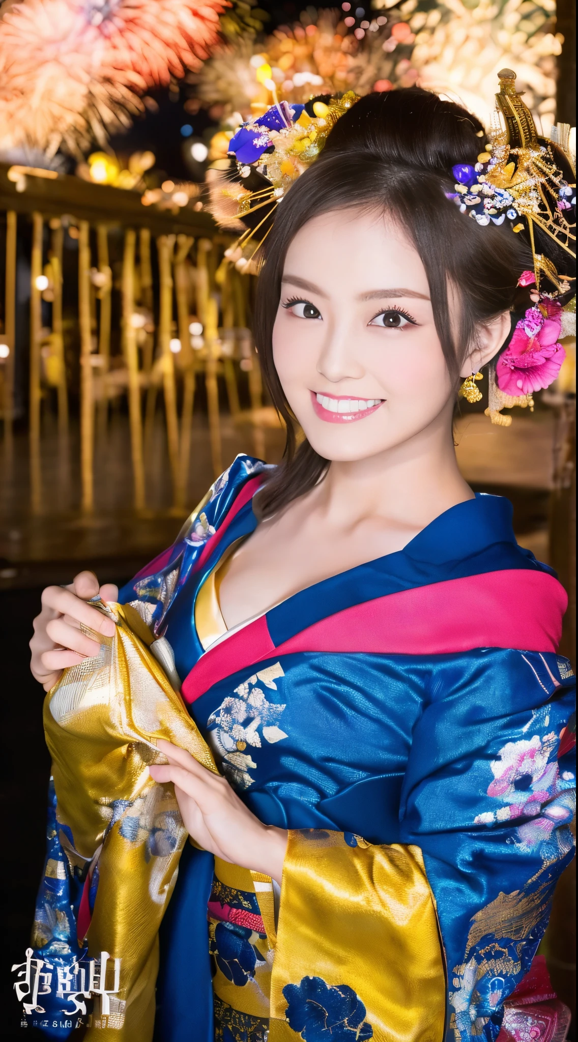 ((masterpiece(:1.4),Highest quality,Ultra-high resolution,Highest quality,8k,Extremely detailed,In detail))。night,Fireworks display,Japanese,A beautiful woman,Golden Ratio Style,Gal Makeup,Oiran,Long-sleeved kimono,Hair tying,hair ornaments,smoke tube,geta,Gorgeous and luxurious,(Fireworks displayのnightに河川敷で花火を背景にしたスナップ写真),Hyper Quality