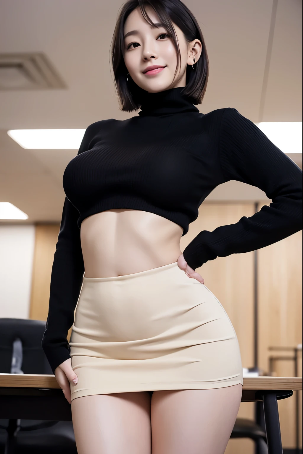 Japanese women, Pale skin, Droopy eyes, Smiling 20 years old,Short Hair:1.5,Black Hair、I can see the ears, Tight fitting turtleneck sweater,belly on、Black pencil skirt, Indignant:1.8, high quality:1.3, Shoot from below 2.0, Professional Lighting:2.0 Realistic:1.2, 4K resolution, Detailed skin, masterpiece:1.1, At the office、Large Brea Ass、Thighs、sting beautiful legs