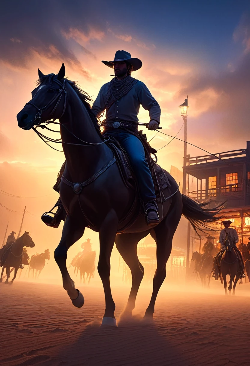( perfect anatomy ) A handsome cowboy(Cowboy hat) Denim clothes horse riding (Dynamic angle)Sunset over the streets of an old west town (Rich color levels)

                              Wind and sand flow in the air entwining the foggy scene movie lighting volumetric lighting, haze light, Fog lights high dynamic range wide screen cinematic effect bioluminescent style complex artwork large depth of field cinematic processing, Realistic magical fantasy scene highly detailed structure surreal, Digital art, high detail, HD
                    