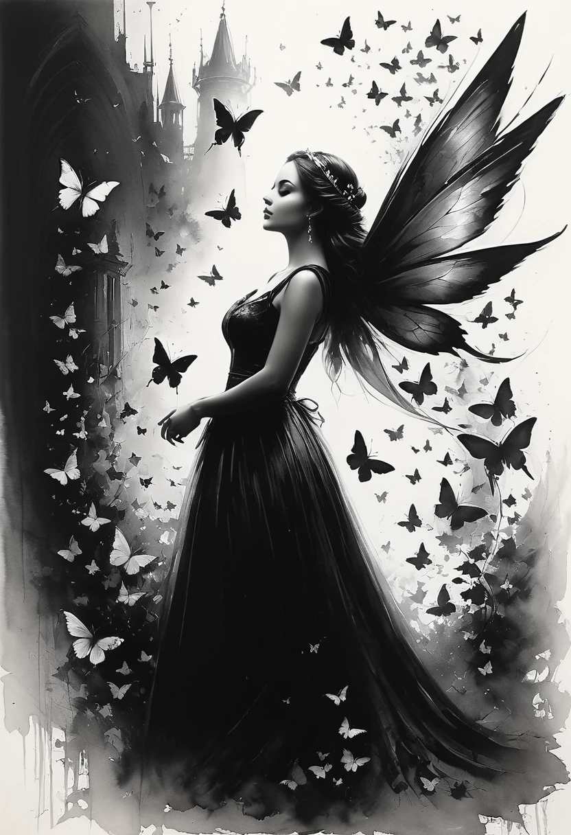 Black and white art, Pencil Sketch Drawing, Charcoal and chalk drawings. black spirit, sketch, (hyperrealism), silhouette of a woman surrounded by butterflies, trend on pixabay, beautiful dress, cute artwork, cinderella, beautiful shapes, polishing, outdoors, great photo on Pinterest, Miranda Mix, stencil, scales, white background, Britney Lee, symbols, master class on painting in the style of Anders Zorn, Alexi Briclot, Luis Royo