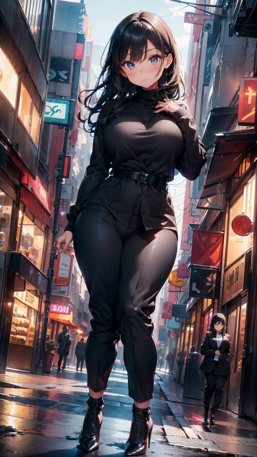 a girl, curvy body, beautiful face, beautiful eyes, long straight black hair, black eyes, smiling, blushing, ((black turtleneck sweater, black long pants, black blazer, high heels shoes, black socks)), mall background, perfect hands, perfect fingers, high quality picture, high resolution, very detailed, 8k resolution