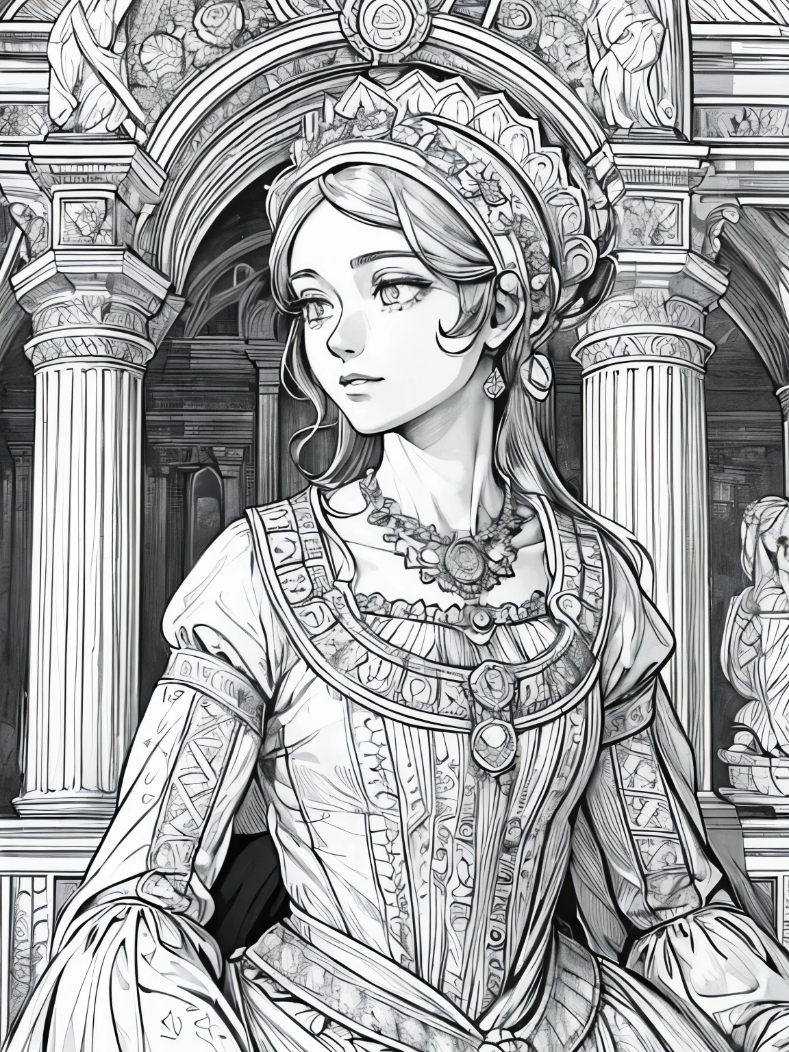 (Black and white coloring book:1.5), line drawings, masterpiece, best quality, ultra-detailed, high resolution, Very detailed face, (Eyes clear and distinct lines), Hair is white color, Full body shot, A woman in a luxuriously embroidered court dress of the Renaissance period, The background is a magnificent palace, Hyper detailed crisp black line draw, ((simple white color)), Fibonacci