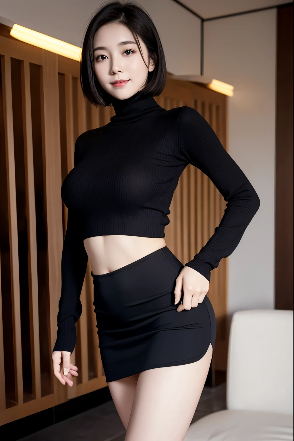 (masterpiece, Best Quality:1.5), Beautiful Girl,((extra detailed face)), 8K, 50mm portrait, RAW photogr, absurderes, Delicate girl, Front Video, flathead, (cheer girl、Mini skirt, )Black Gold Ribbon, view the viewer, (Smile:0.6), Shiny skin, Thin arms, very thin waist, face lights, clear lighting, film grains, color difference, backstreet, (Bokeh:1.1), (Simple background:1.2)、(((Pull up your skirt、Showing the crotch of panties))),Half body shot、