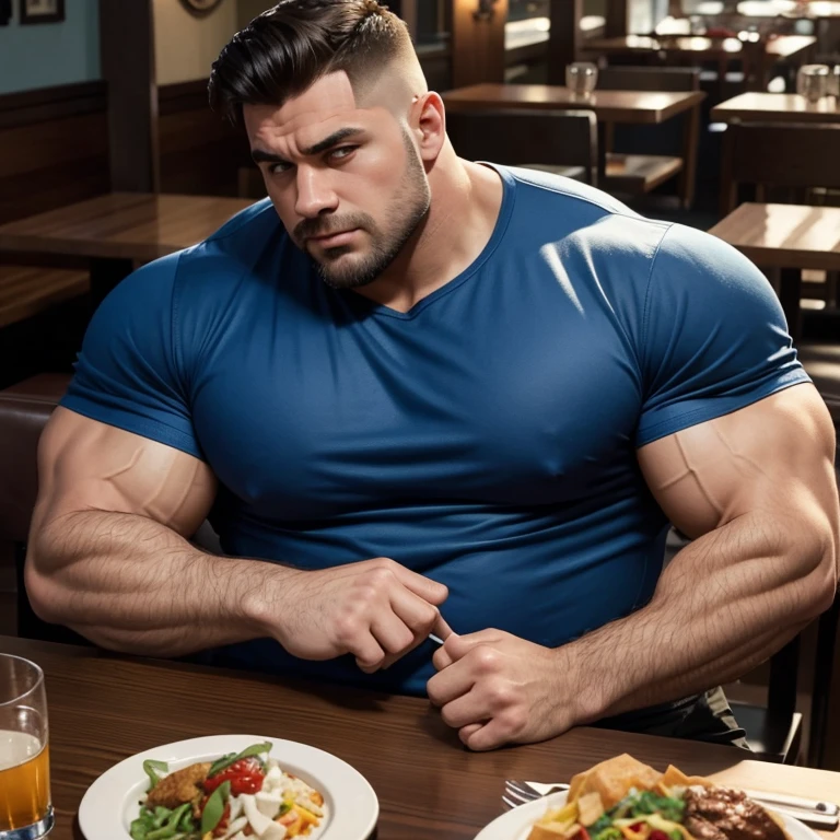 a very handsome man, with a haircut, fat, massively muscular, with massively large muscles, blue shirt, sitting on a restaurant table full of food, seen from very close up