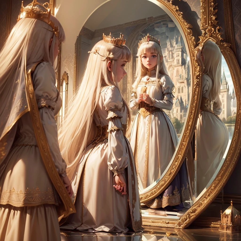 (Princess:1.6),(I see the castle reflected in the mirror:1.6),masterpiece,high quality,(Highly Detailed CG Unity 8k Portrait:1.3),Nice views,***************,Medieval dress, Gold embroidery