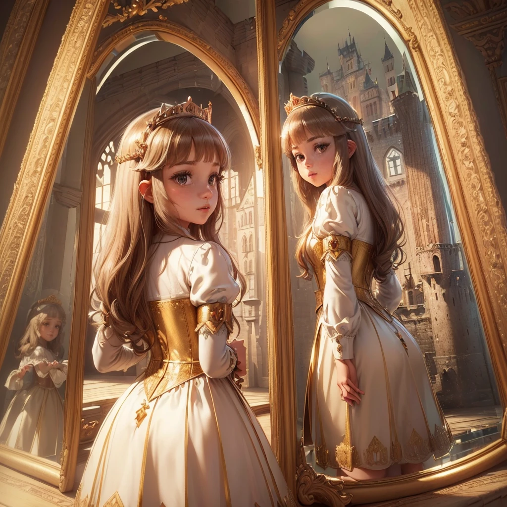 (Princess:1.6),(I see the castle reflected in the mirror:1.6),masterpiece,high quality,(Highly Detailed CG Unity 8k Portrait:1.3),Nice views,8-year-old girl,Medieval dress, Gold embroidery