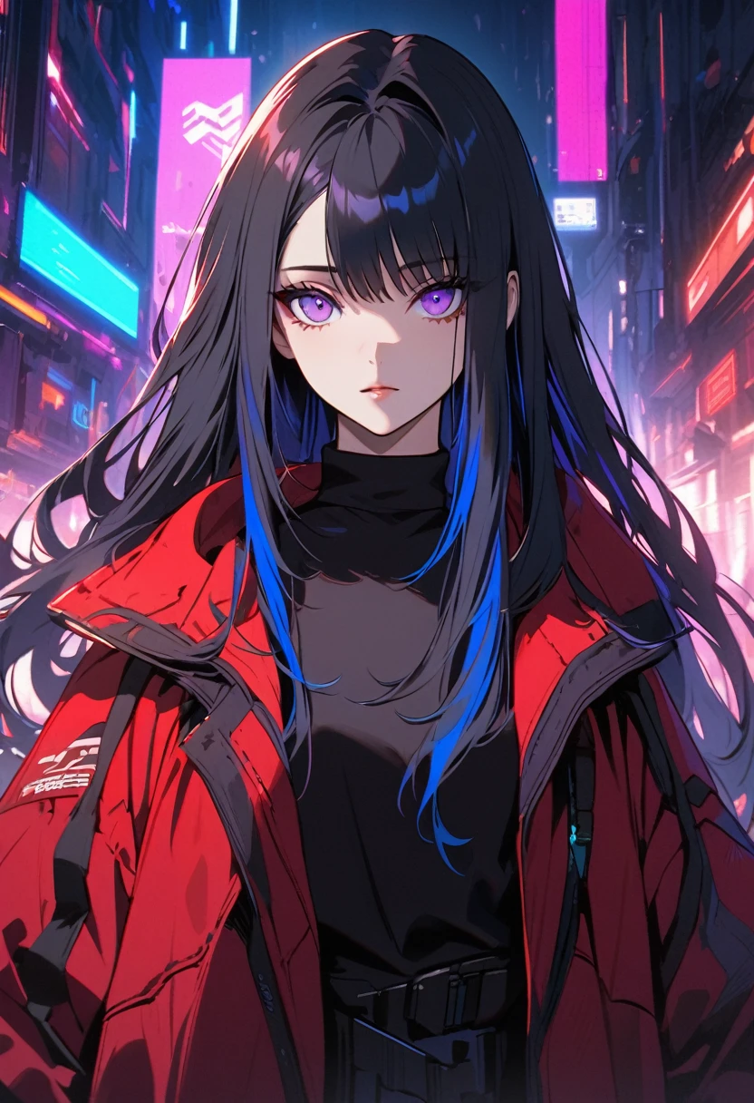 handsome, alone, 1 female, long hair, black hair, Blue highlights on the ends of the hair, purple eyes, black shirt, red coat, of the future, cyberpunk