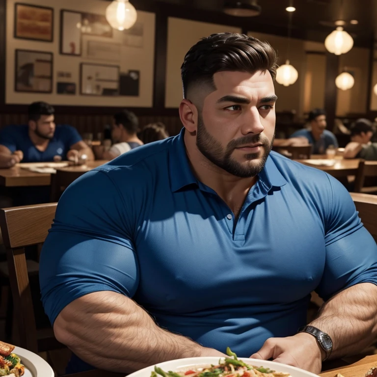 a very handsome man, with a haircut, very fat, massively muscular, with massively large muscles, blue shirt, sitting on a restaurant table full of food, seen from very close up