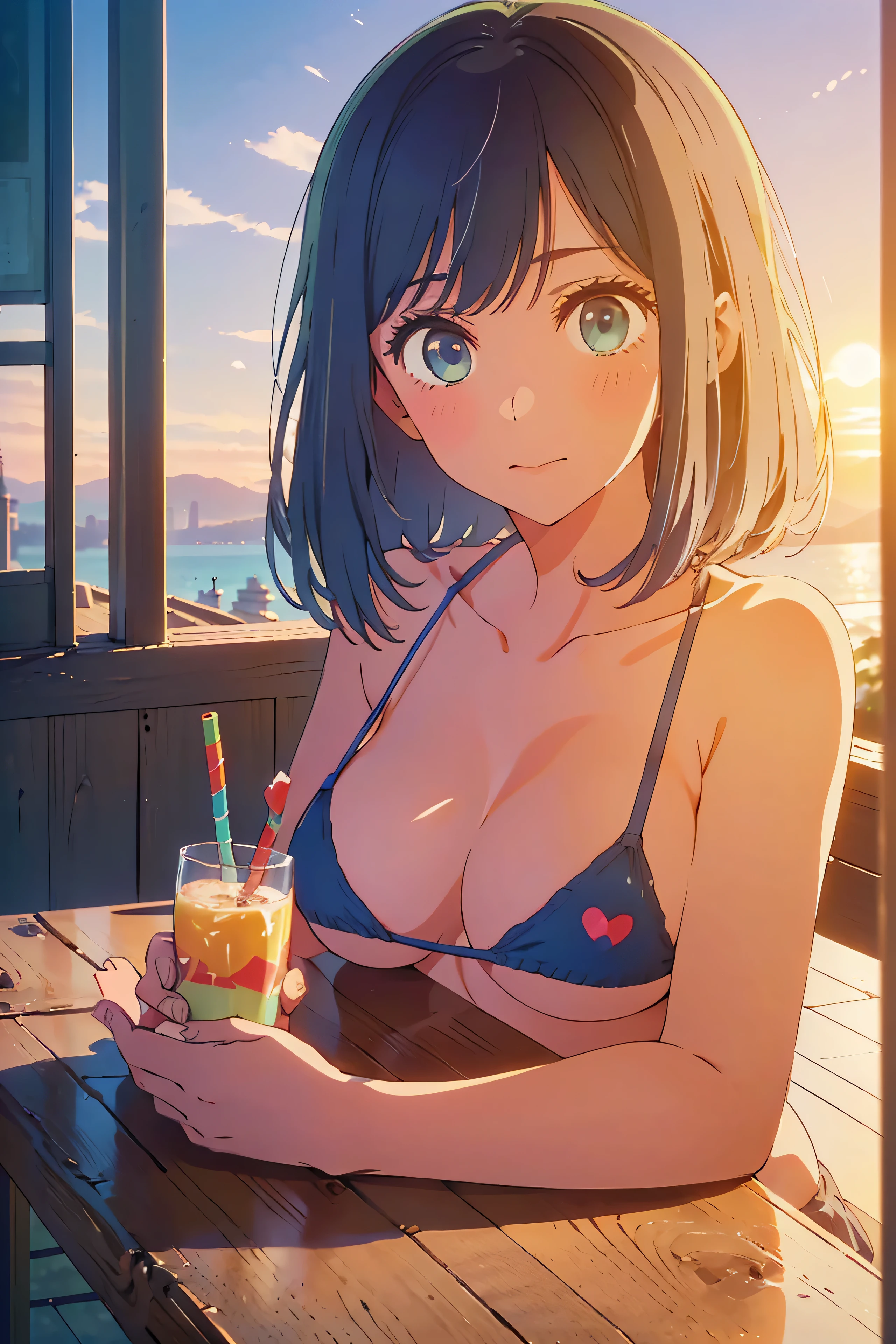 (Highest quality:1.4、masterpiece:1.4、Super detailed:1.4、8K:1.4)、F cup bust、Big Breasts、Slim body、((((1 person、Surprised expression、sit、In the background are the urban buildings of Tokyo、looking at the camera、Outdoor café terrace、Sunset Beach、Navy hair color、Leaning against a wall、juice、table、sunset、Very cute face))))、((nude、Areola、bikini size too small))、A completely cloudless sky、Big eyes、((((Shallow depth of field))))