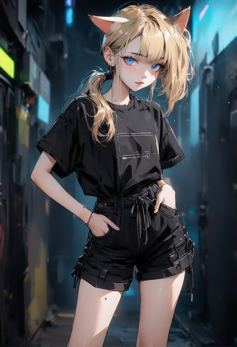 Posing for a photo. Young girl with blonde hair, single ponytail, blue eyes, cyberpunk, black casual short-sleeved shirt, wearing a pair of loose shorts. High-quality masterpiece with a pair of cat ears and hands behind her back.