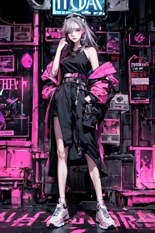 masterpiece, The face is precise(((must))), best quality, dark cyberpunk outfit, A Russian girl in her early 20s with colorful ash gray hair, dark cyberpunk makeup, neon lights, outdoor, magazine cover, head to toe full body