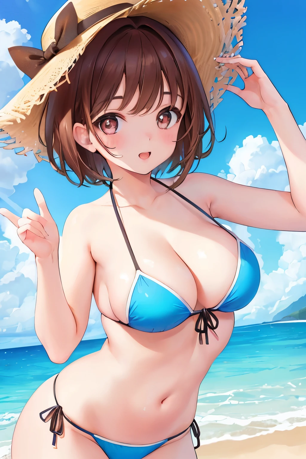 ((4K, 8k, Highest quality, Perfect Fingers, High resolution)), One girl, Beach, From under the bikini, cuteness, Cleavage, Beautiful and cute, ((Dynamic Angle)), (Brown Hair, short hair, Cute eyes)