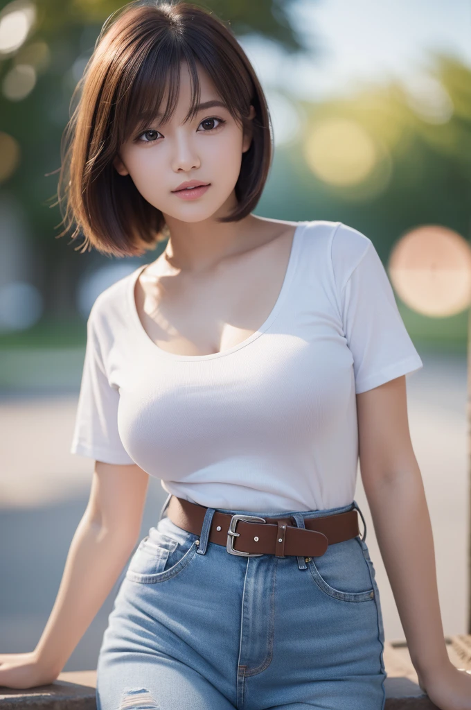 masterpiece, best quality, ultra high res,(photo realistic:1.6), 1girl, looking at viewer, bob hair, small eyes, round face, (bokeh:1.4), (cleavage:0.4), white t-shirt, jeans, belt, (breast:1.2), paisura,