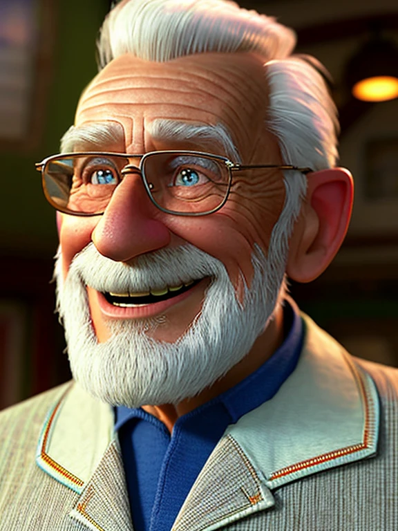 Pixarstyle A full size image of an elderly man with scientist clothes, smile, natural skin texture, 4K textures, HDR, intricate, highly detailed, sharp focus, cinematic look, hyper-detailed