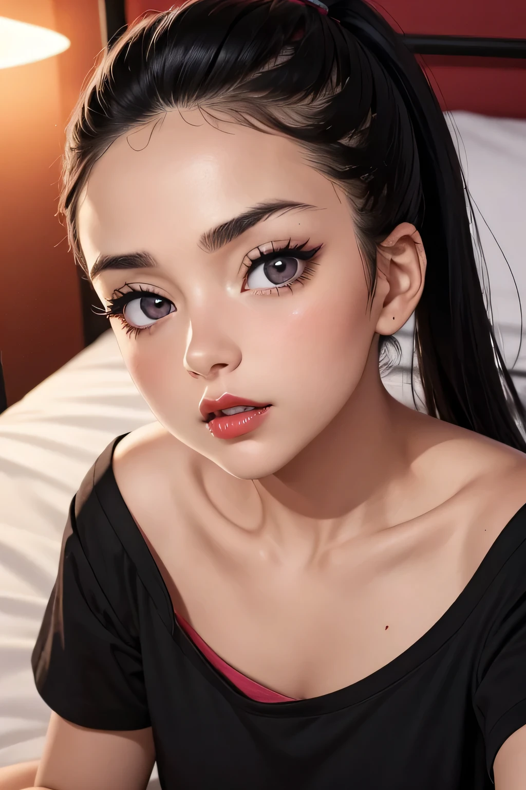 Close up shot, cute , black hair in two medium ponytails, sexy eyes, intense eye contact, small nose, red lips, orgasmic face, neck, collarbone, loose dark pink t shirt, bare shoulder, lying in bed, bed, bedroom, dark room, one lamp,, in bed