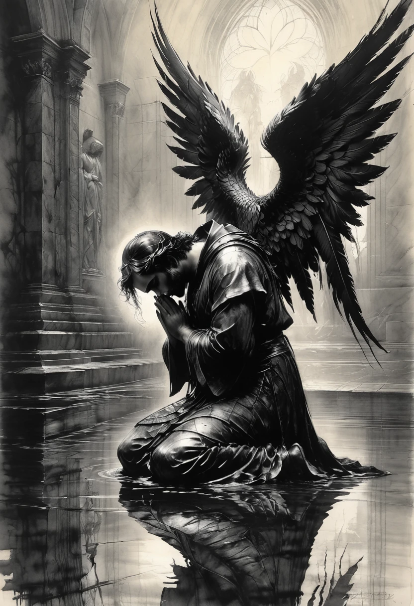 Black and white art, Pencil Sketch Drawing, black pencil shading, charcoal drawing, tinted paper, pencil drawing, golden patterns, golden and black spirit
RAW photograpyh,the Fallen Angel on his knees praying, water reflection on the floor,a big scary statue,pessimistic atmosphere,perfect ligthing,Style-EMCG,
this captivating image is the brainchild of esteemed artists Jim Mahfood, Henry Asencio, Greg Rutkowski, Craig Davison, Jenny Saville, Bernie Wrightson, and Frank Frazetta.