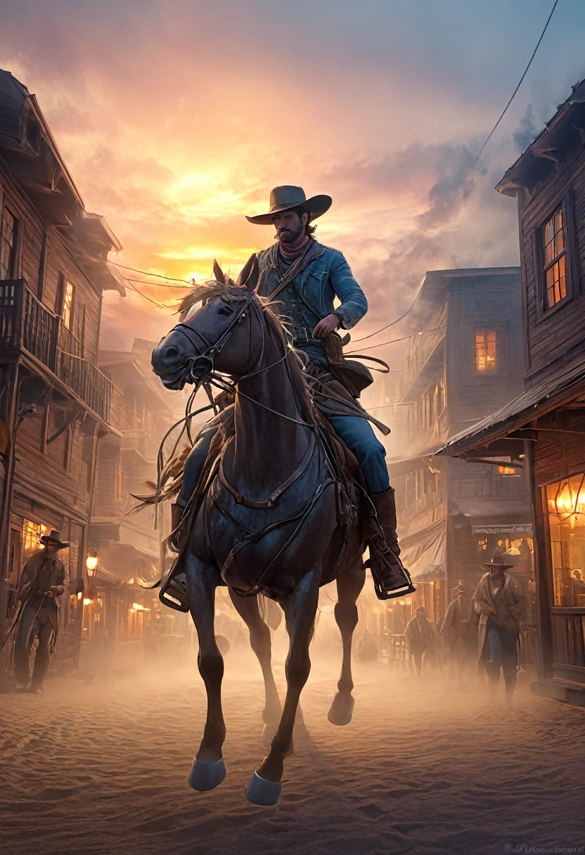 ( perfect anatomy ) A handsome cowboy(Cowboy hat) Denim clothes horse riding (Dynamic angle)Sunset over the streets of an old west town (Rich color levels)

                              Wind and sand flow in the air entwining the foggy scene movie lighting volumetric lighting, haze light, Fog lights high dynamic range wide screen cinematic effect bioluminescent style complex artwork large depth of field cinematic processing, Realistic magical fantasy scene highly detailed structure surreal, Digital art, high detail, HD
                    