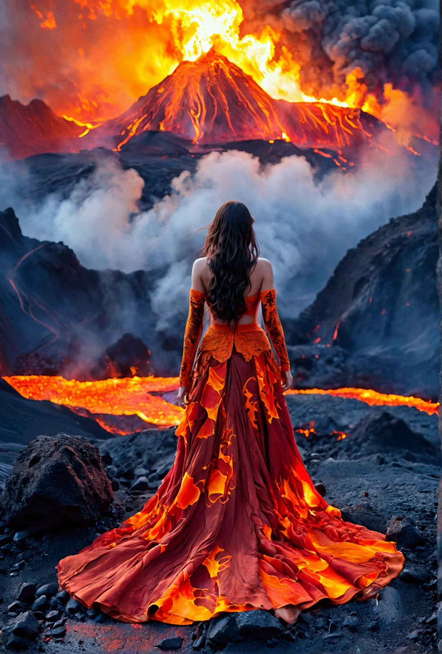 A dim volcano in the background，A long skirt made of magma，Beautiful goddess，Sharp color contrast