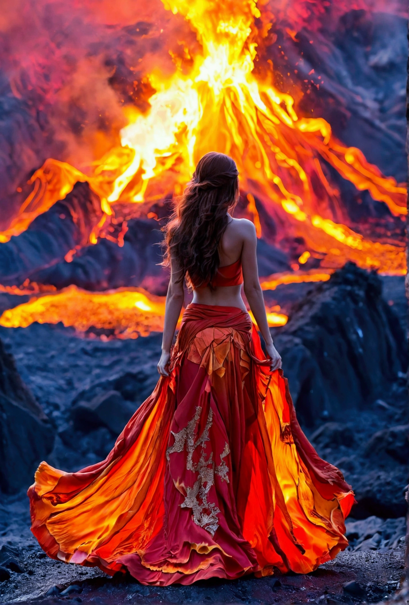 A dim volcano in the background,A long skirt made of magma,Beautiful goddess,Sharp color contrast