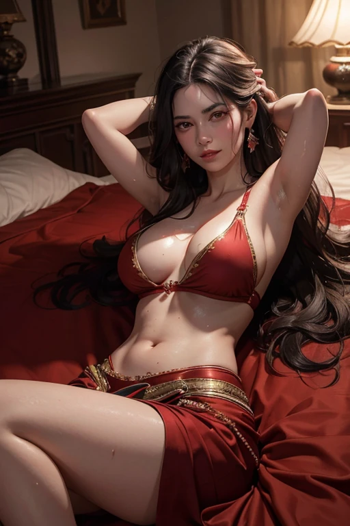 a sweaty ozbek princess wearing a red sharara, long wavy black hair, prominent sweaty armpits, large , pale skin, laying on a bed, sweaty hips visible, detailed face, hyperrealistic, 8k, photorealistic, chiaroscuro lighting, dramatic shadows and highlights