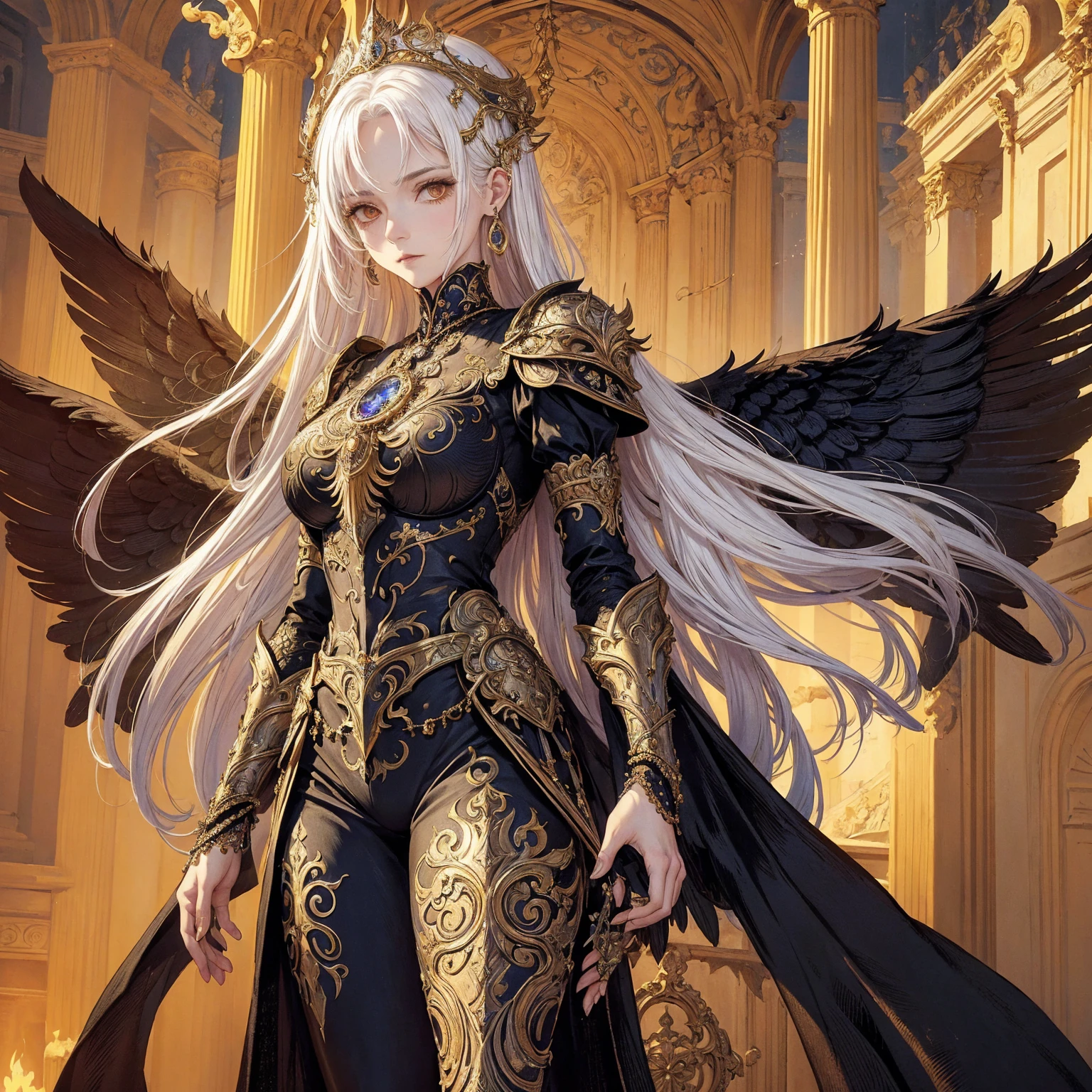 Art of elderly mature woman wearing sun crown, Wearing ornate breastplate that exposes a small amount of skin above the chest, A pair of armored angelic wings spreading out behind the woman and the wings have extremely long size feather that even taller than the woman's body, Ancient goddess art, Sacredness. Very detailed, Mysterious inspiration, Inspiration from the Sun God, Religious inspiration, Cold and snobbish face, No smile, Dangerous impersonal expressions, White hair, Standing, Full body portrait, Gothic art style, Weird art style, Occult art