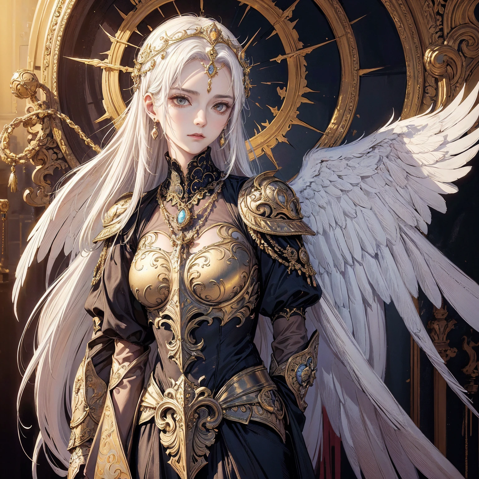 Art of elderly mature woman wearing sun crown, Wearing ornate breastplate that exposes a small amount of skin above the chest, A pair of armored angelic wings spreading out behind the woman and the wings have extremely long size feather that even taller than the woman's body, Ancient goddess art, Sacredness. Very detailed, Mysterious inspiration, Inspiration from the Sun God, Religious inspiration, Cold and snobbish face, No smile, Dangerous impersonal expressions, White hair, Standing, Full body portrait, Gothic art style, Weird art style, Occult art