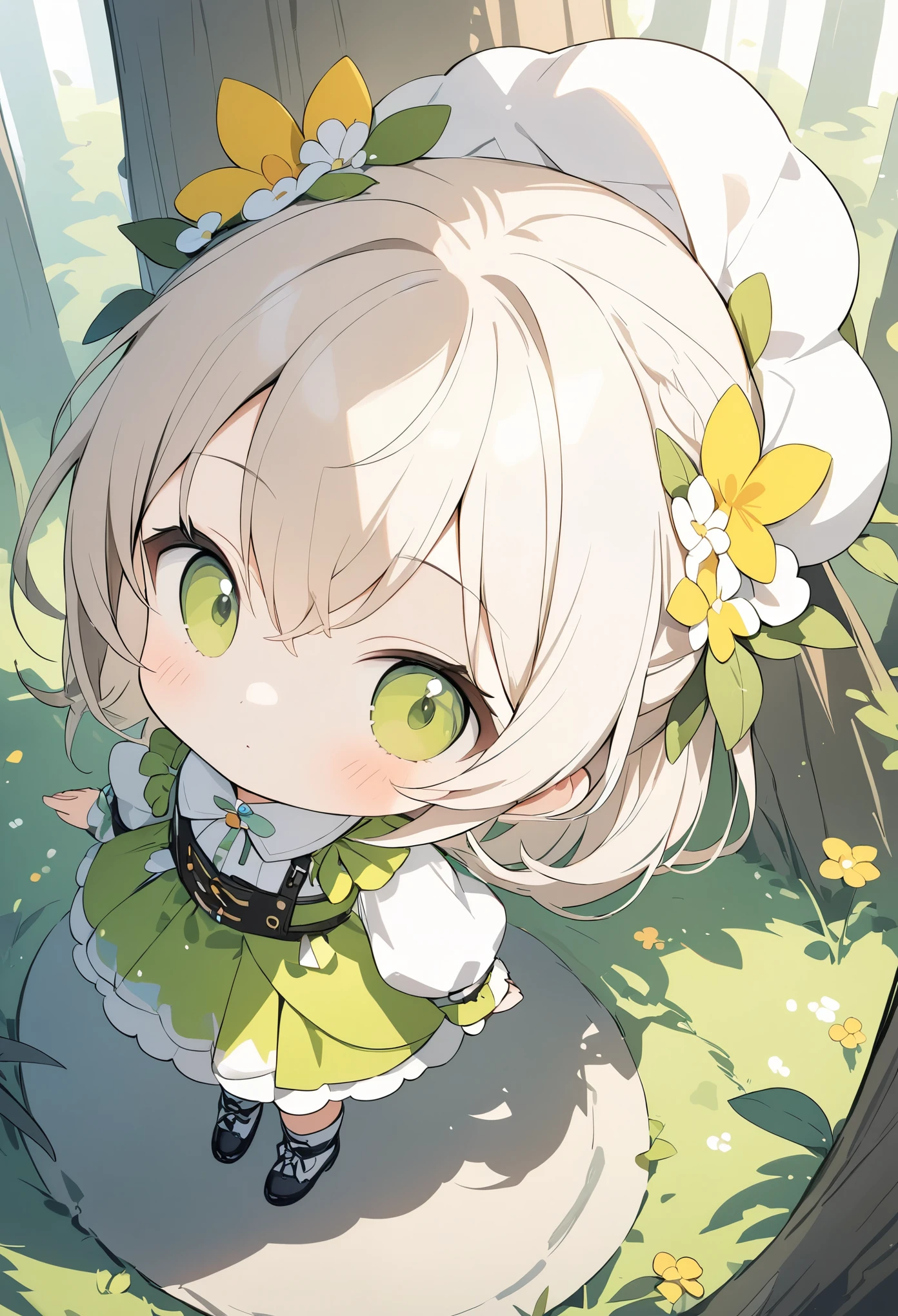 (8k, Highest quality)、Ultra-high resolution、Adorable、Highest quality, beautiful, Absurd beauty、masterpiece、Best image quality、A fluffy white fairy who lives in the forest、learning forword、looking up、from above