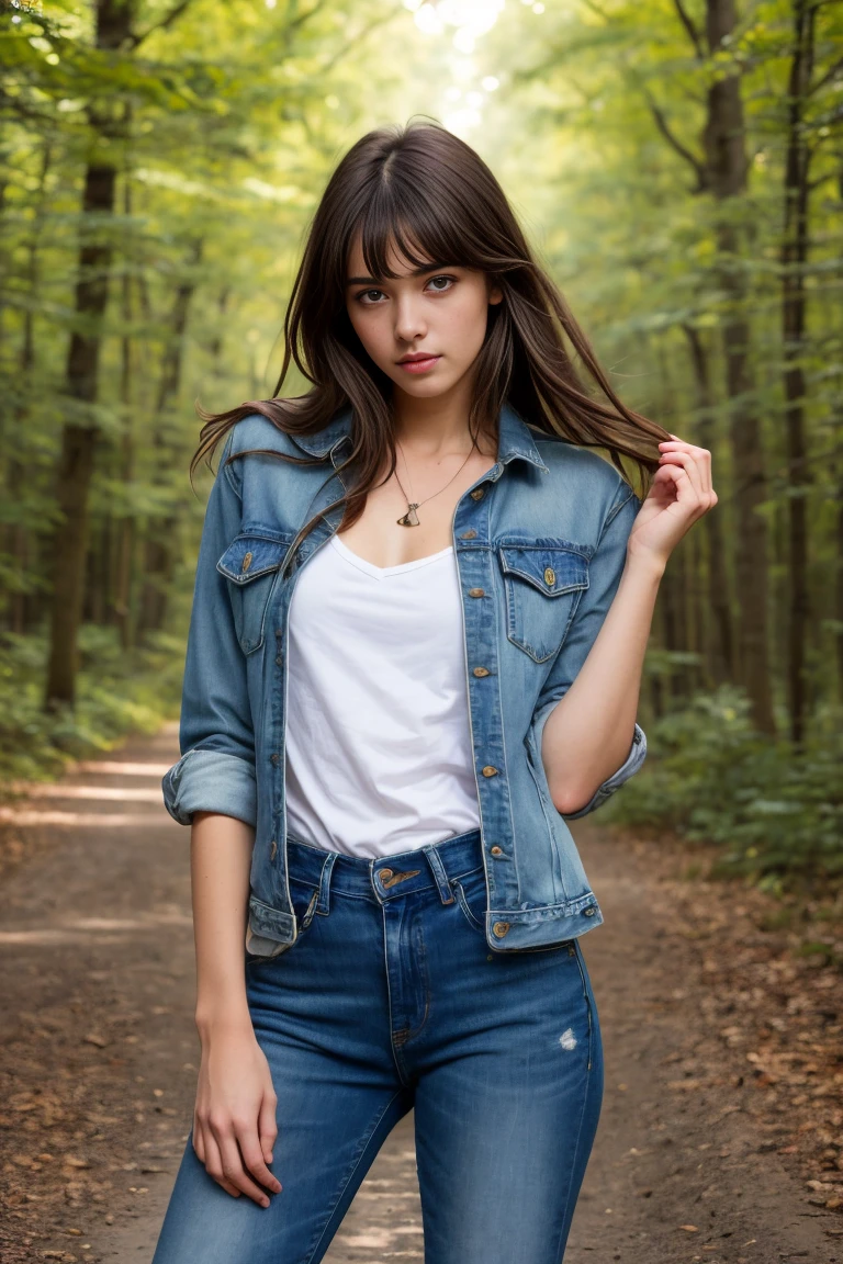  (bestquality,realistic:1.2),(brunettehair:1.1),(French:1.1),(sexy:1.1),(slim figure:1.1),(18 years
old:1.1),(handcuffed:1.1),(veste en jean:1.1),(rolled-up sleeves:1.1),(hands up:1.1),(visible legs:1.1)),illustration,forest,detailed eyes,detailed lips,highdefinition,professional lighting,vivid color