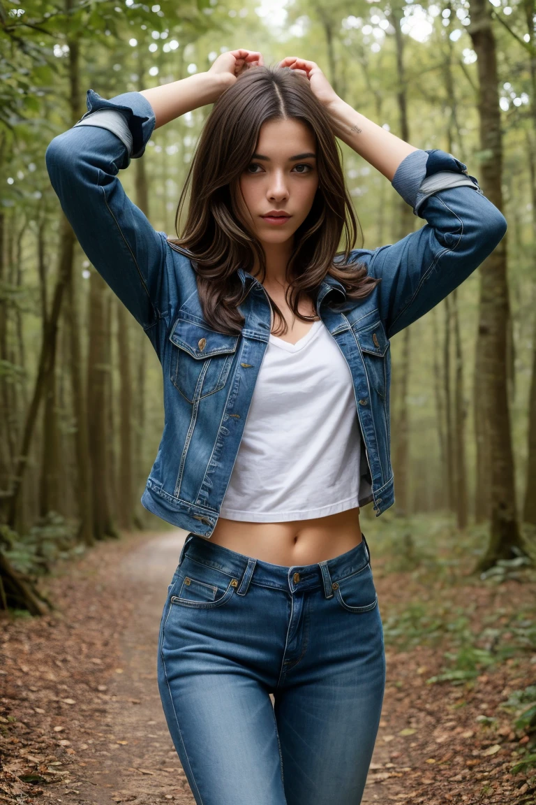 (bestquality,realistic:1.2),(brunettehair:1.1),(French:1.1),(sexy:1.1),(slim figure:1.1),(18 years
old:1.1),(handcuffed:1.1),(veste en jean:1.1),(rolled-up sleeves:1.1),(hands up:1.1),(visible legs:1.1)),illustration,forest,detailed eyes,detailed lips,highdefinition,professional lighting,vivid color