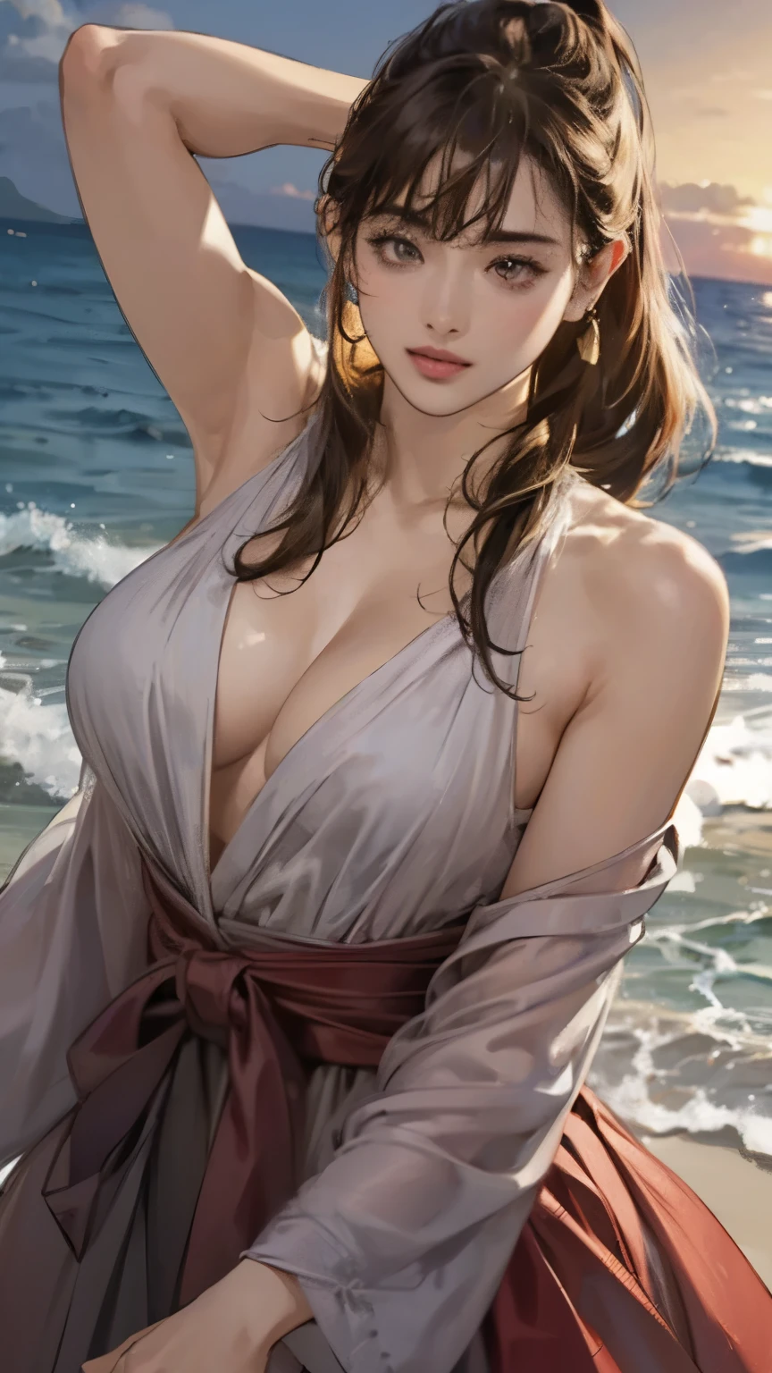(Highest quality,4K,8k,High resolution,masterpiece:1.2),Very detailed,(Realistic,photoRealistic,photo-Realistic:1.37),Horny Japanese women, Beautiful and delicate hazel eyes, Beautiful lip detail, Black Stockings, High heels, Strike a sensual pose for a photo, Hawaii Beaches, Enchanting atmosphere, Sensual look, Excellent Makeup, (short hair), (ponytail), (Neat bangs:1.5), ((Exposed breasts:1.5)), ((Full nudity)), ((Exposed shoulders:1.5)), ((Firm and shapely C cup breasts)), ((Both arms behind the head:1.4)), Captivating Gaze, A confident and attractive demeanor, Vibrant colors, Smooth and flawless skin, Captivating aura, Captivating curves, Provocative pose, Soft Shadows, Enchanting atmosphere.