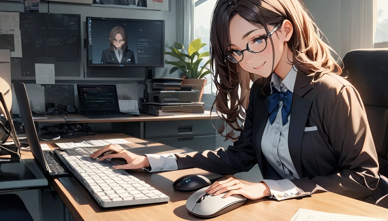 パソコンで仕事をするProfessionalグラマー,Portraiture,Professional,Wearing a smart suit,Stylish glasses,Typing on a sophisticated computer,Use a wireless mouse,Sitting at a modern desk,A soft smile,Soft natural light,High resolution,High resolution,Very detailed.One Woman ,alone, Dark brown hair