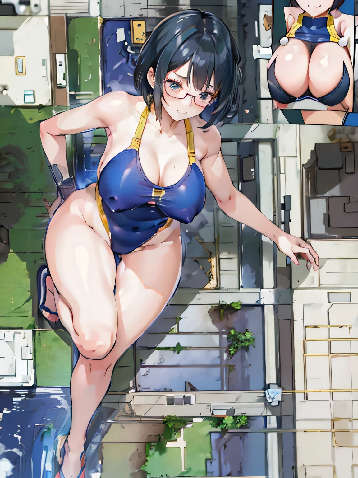 multiple girls, giantess art, highly detailed giantess shot, giantess, most detailed, perfect face, two legs, five fingers, short hair, beautiful girl bigger than a skyscraper, wearing rimless glasses, smiling, huge breasts, swimsuit, stiletto heels, under heavy attack, seaside metropolis, numerous miniature warships on the sea, very small metropolis, miniature metropolis, full body depiction, GTS, giga giant, trampling city, crush city, tiny city, micro city, high resolution, best quality, masterpiece,