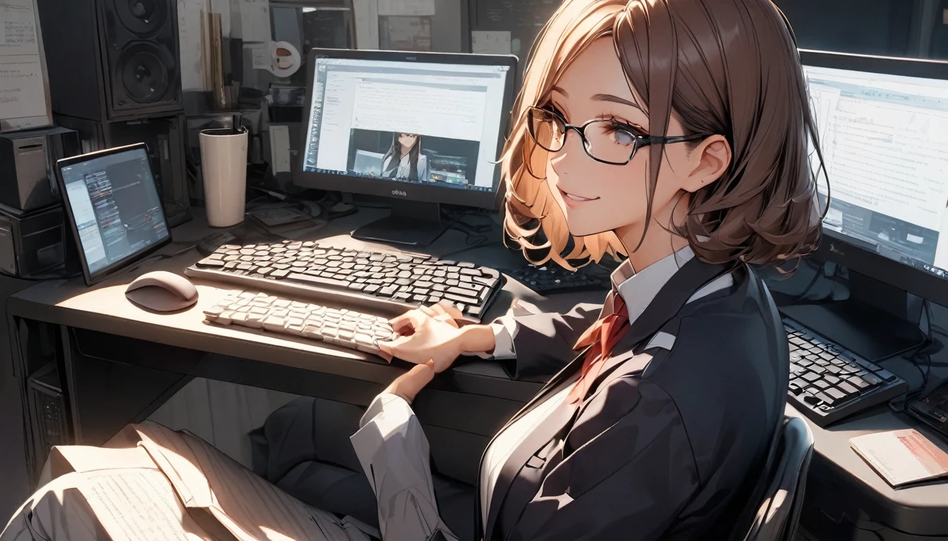 パソコンで仕事をするProfessionalグラマー,Portraiture,Professional,Wearing a smart suit,Stylish glasses,Typing on a sophisticated computer,Use a wireless mouse,Sitting at a modern desk,A soft smile,Soft natural light,High resolution,High resolution,Very detailed.One Woman ,alone, Dark brown hair ,A solid keyboard
