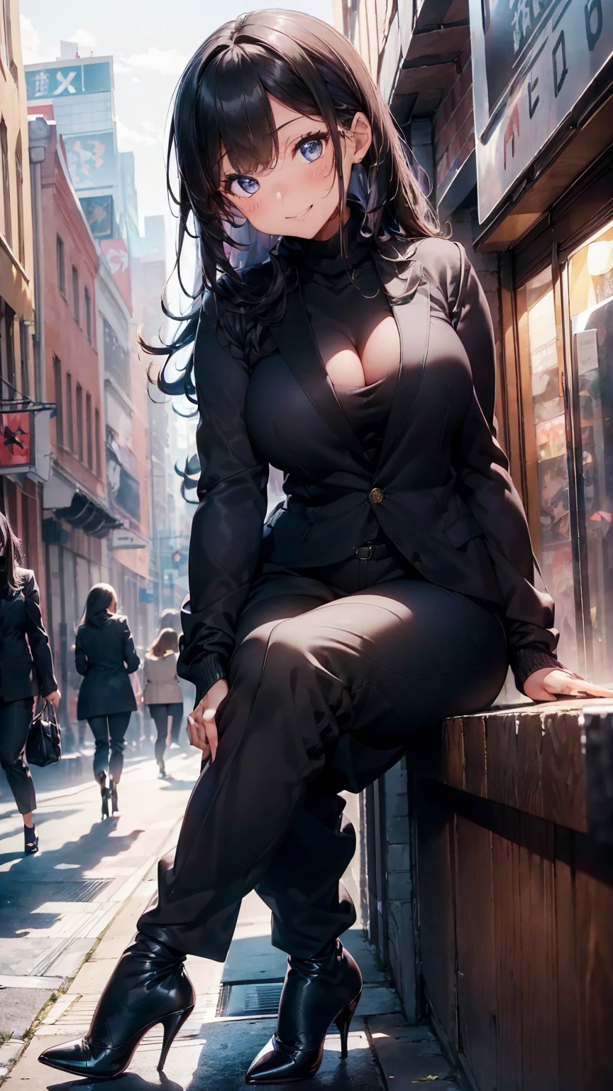 a girl, curvy body, beautiful face, beautiful eyes, long straight black hair, black eyes, smiling, blushing, ((black turtleneck sweater, black long pants, black blazer, high heels shoes, black socks)), mall background, perfect hands, perfect fingers, high quality picture, high resolution, very detailed, 8k resolution