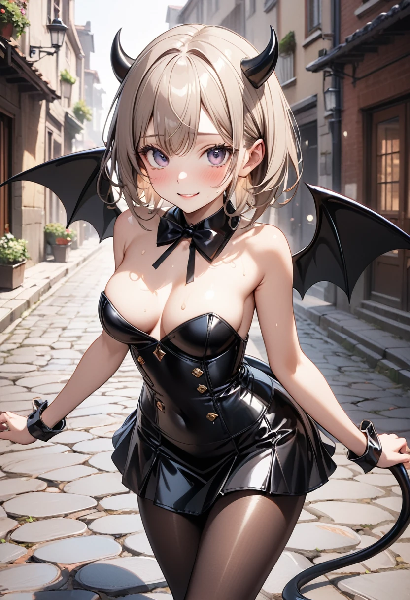 (((little devil costume), (black Devil wings), (black devil tail), (latex skirt), (pantyhose), corset costume)), skinny, solo, 1 woman, Masterpiece, highest quality, highest quality, 16K, incredibly absurd, highly detailed, 2.5D, ai-generated, delicate and dynamic, very delicate facial expressions, delicate eye depiction, erotic, only sexy woman, ((A cute and kind face)), healthy figure, ((25-year-old woman)), 160cm tall, medium firm swaying bust,, blush, Sweat,Embarrassed,sexy, ((thin thighs)), (camel toe:0.5), (visible nipples:0.8), (Erect nipples,:0.5), shiny and lustrous, facing straight at viewer, smile, ((Oily_skin)), dutch angle, ((erotic pose)), Dynamic poses,On the bright cobblestones,