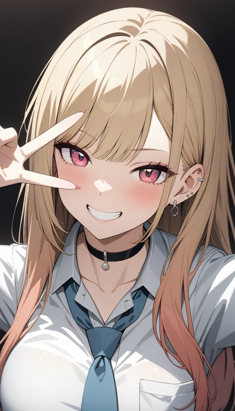 (masterpiece, best quality, very aesthetic, ultra detailed), intricate details,
1girl, light brown hair with pink gradations underneath, pink eyes with white cat-like pupils, white choker, white shirt, pink cardigan, smiled warmly, upper body,
