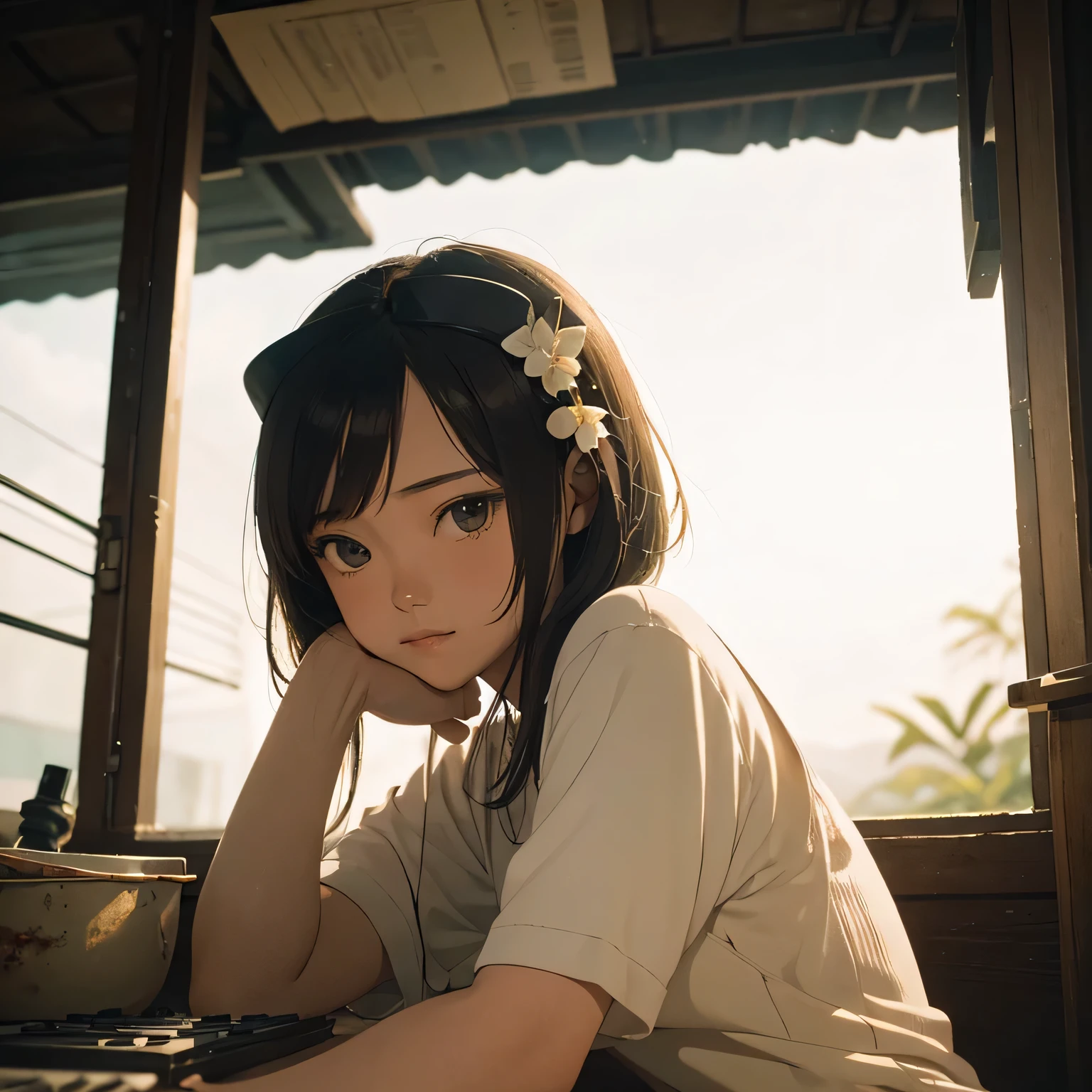 (best quality), (masterpiece), a background image for Lofi Music with a Filipino girl, (Filipino girl:1.3), (Lofi Music:1.3), (vintage aesthetic:0.9), (soft colors), (relaxing atmosphere), (subtle textures), (nostalgic vibes)